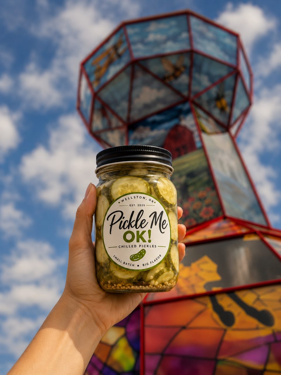 Hand holding a Pickle Me OK! jar of chilled pickles in front of a stained-glass tower